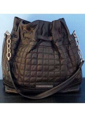 BCBGMaxAzria Black Quilted Leather Drawstring Hobo with Chain Strap